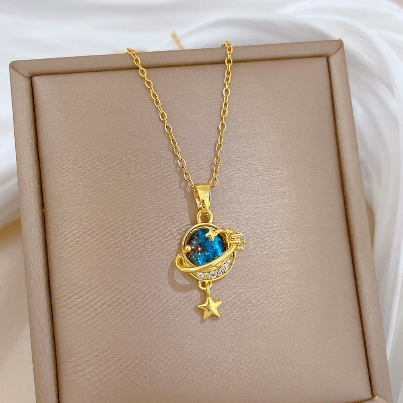 Geometric Moon Galaxy Starry Sky Stainless Steel Necklace for Women with Full Rhinestone Accents and Delicate Clavicle Chain