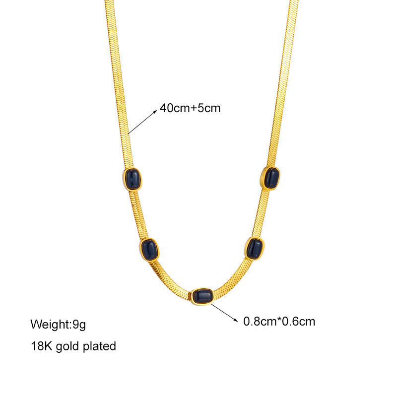 Vintage Minimalist Geometric Titanium Steel Snake Chain Necklace with Black Rhinestones for Women