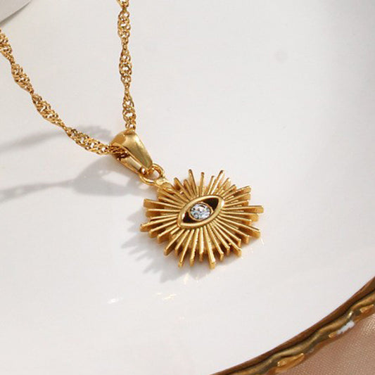 Collana con Pendente Occhio di Allah alla Moda in Acciaio Inossidabile con Intarsio a Rhinestone Radiante Vuoto e Catena Ondulata da Donna