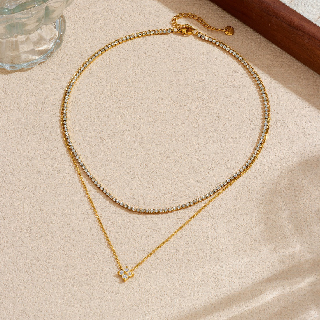 Minimalist Luxury Gold Plated Stainless Steel Floral Rhinestone Layered Necklace for Women