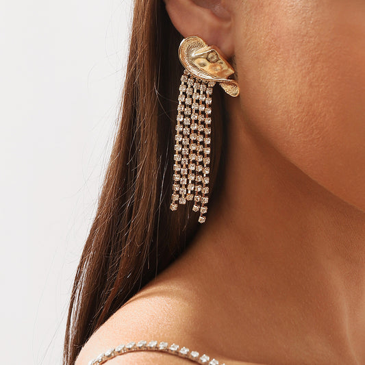 Pendientes de borlas atrevidos y lindos de aleación con detalles de pedrería, diseño de aro estilo vaquero occidental para mujer