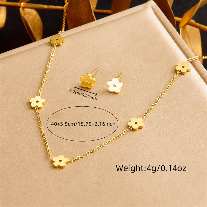 Juego de collar, aretes y pulsera de acero inoxidable estilo coreano minimalista con diseño de flores, chapado en oro para mujer