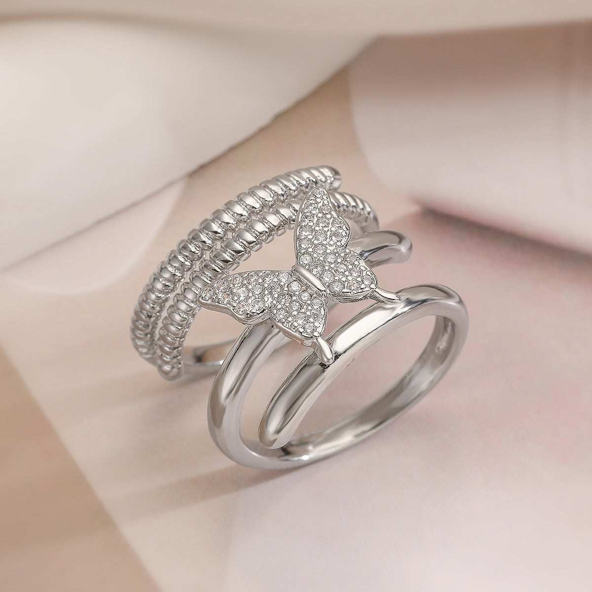 Minimalist Butterfly-Shaped Copper Ring with Gold Plating and Zircon Inlay for Women