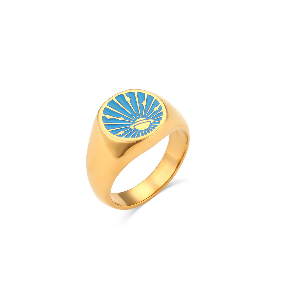 Anillo de mujer de esmalte con diseño de universo y planeta, chapado en oro de 18 quilates, de acero inoxidable geométrico, de inspiración vintage