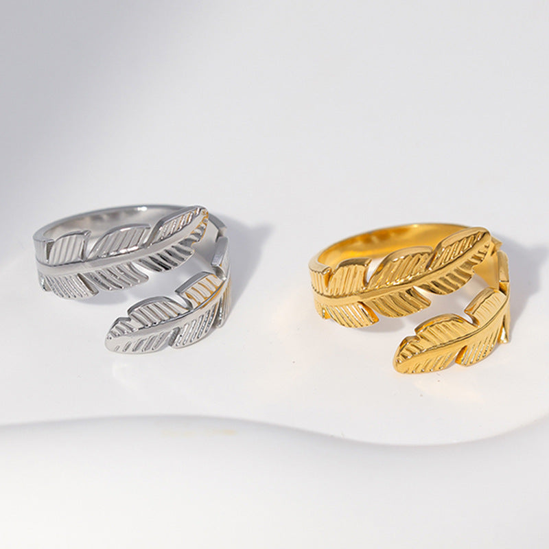 Minimalist Feather-Shaped Stainless Steel Adjustable Open Ring for Women with Gold Plating