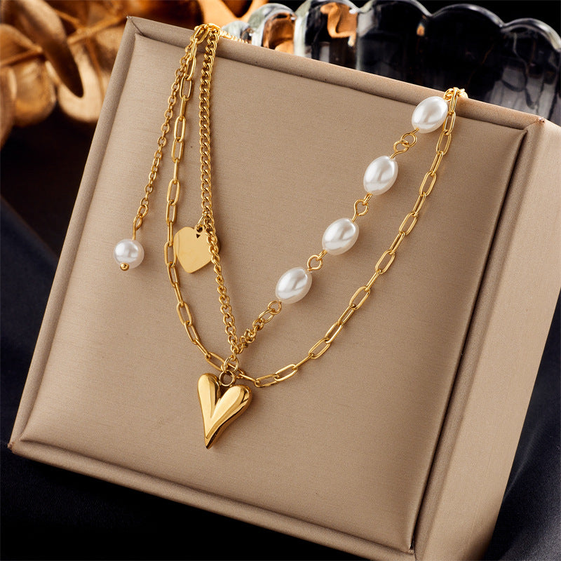 Vintage Luxury Gold Plated Heart Butterfly Round Stainless Steel Necklace with Pearl Multi-Layer
