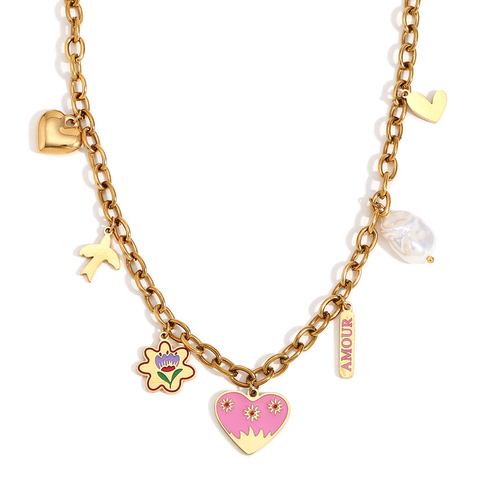 Collana da donna alla moda con ciondolo a cuore in smalto, in acciaio inossidabile placcato oro 18 carati