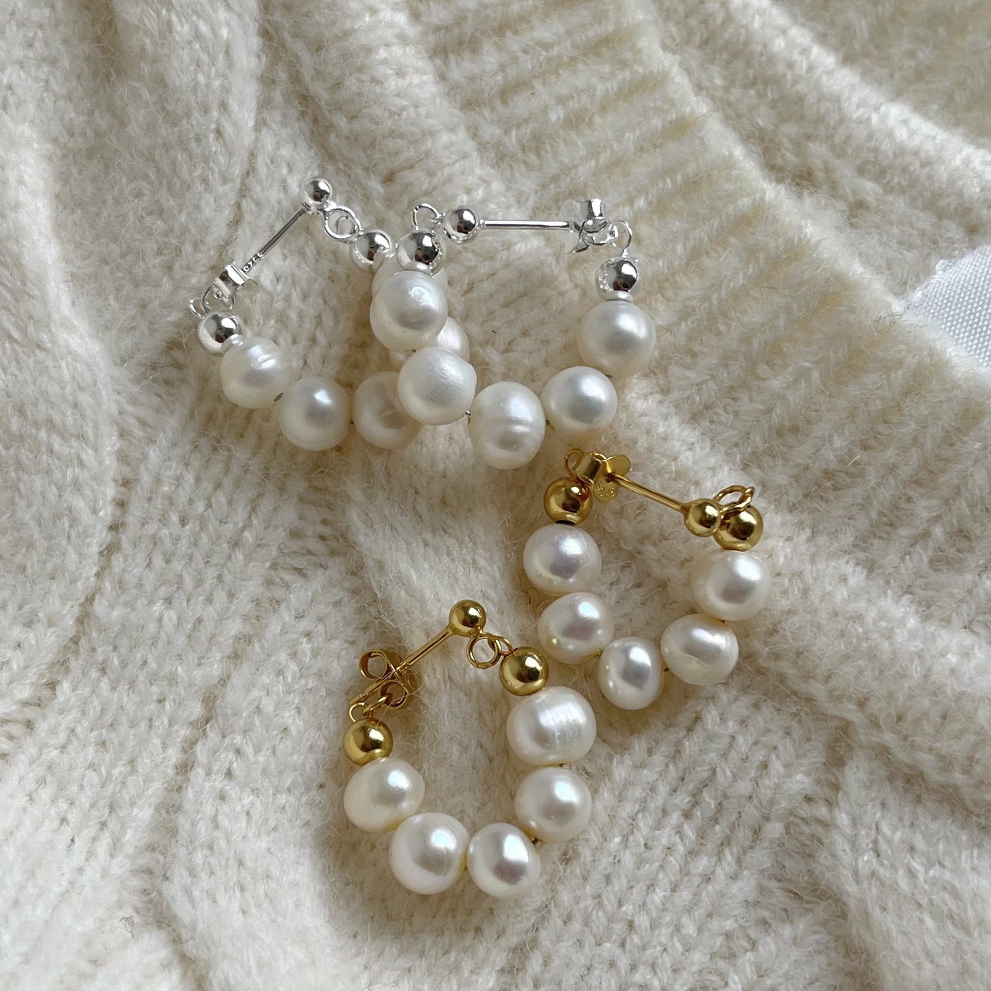 Sweet Minimalist Geometric Pearl Drop Earrings in 925 Sterling Silver with Pearl Inlay