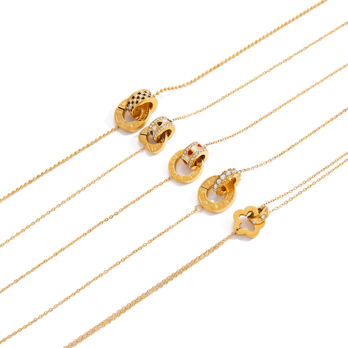 Collana rotonda geometrica con ciondolo da donna in acciaio al titanio con intarsio di strass e finitura placcata