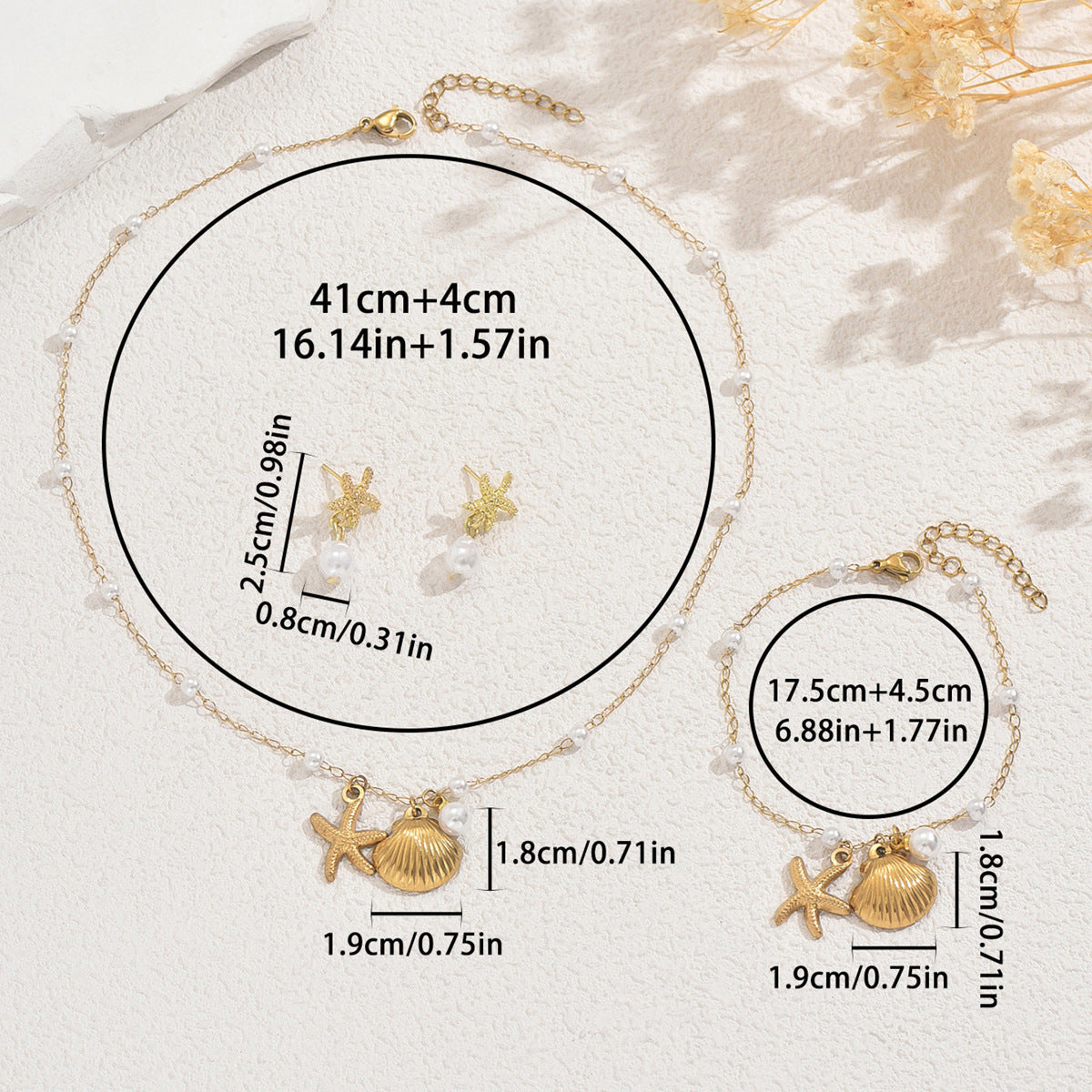 Conjunto de pendientes, pulsera y collar de mujer de conchas y perlas inspirado en el océano, con motivo de estrellas de mar y artesanía incrustada
