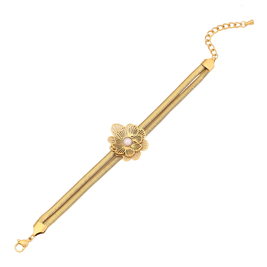 Individualistic Floral Design Stainless Steel Plated Snake Chain Bracelet for Women