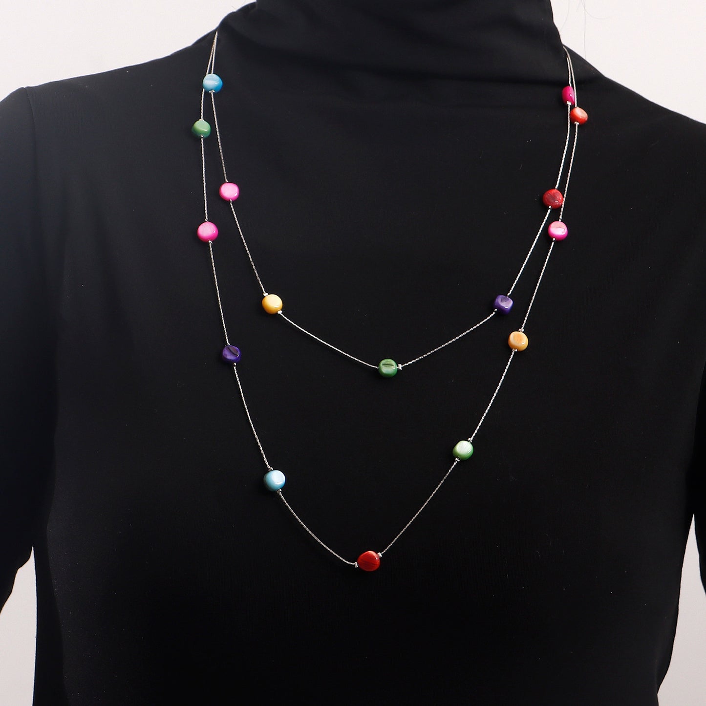 Geometric Long Layered Tassel Necklace for Women with Colored Zirconia on Alloy Base with Plated Finish