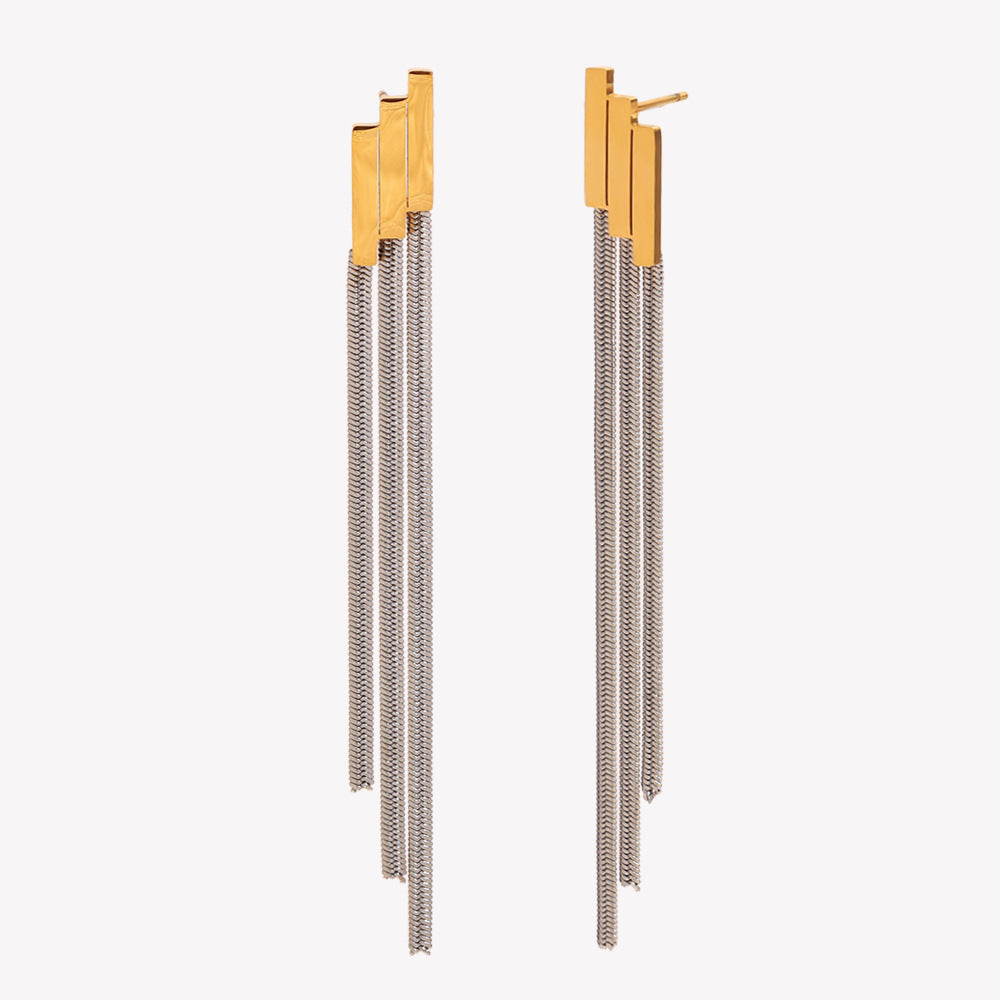 Elegant Minimalist Geometric Stainless Steel Earrings with 18K Gold Plating and Tiered Fringe Chain Design