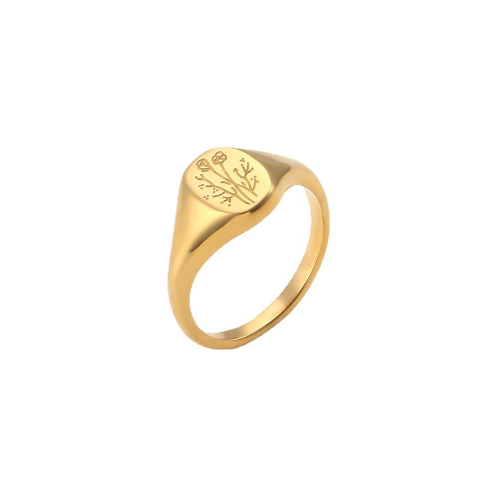 Anello da donna alla moda in acciaio inossidabile a forma di girasole con finitura galvanica e motivo lavanda inciso