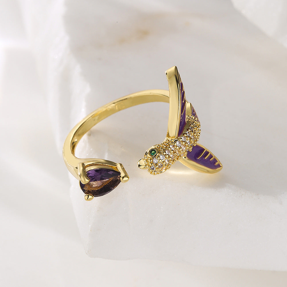 Creative 18K Gold Plated Brass Drip Oil Cubic Zirconia Animal Geometric Ring for Women