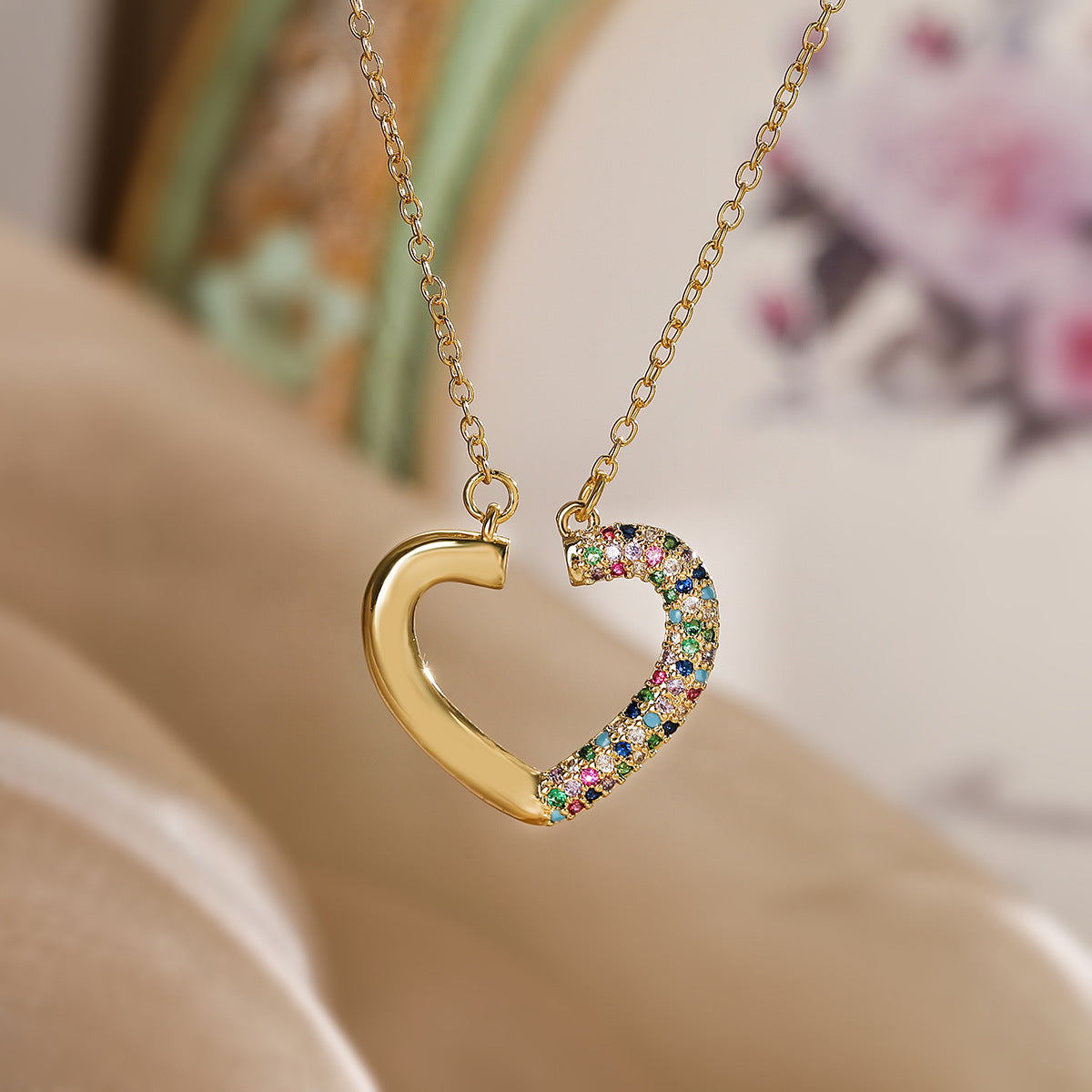 Minimalist Open Heart Pendant Necklace for Women Made of Brass with Real Gold Plating and Cubic Zirconia