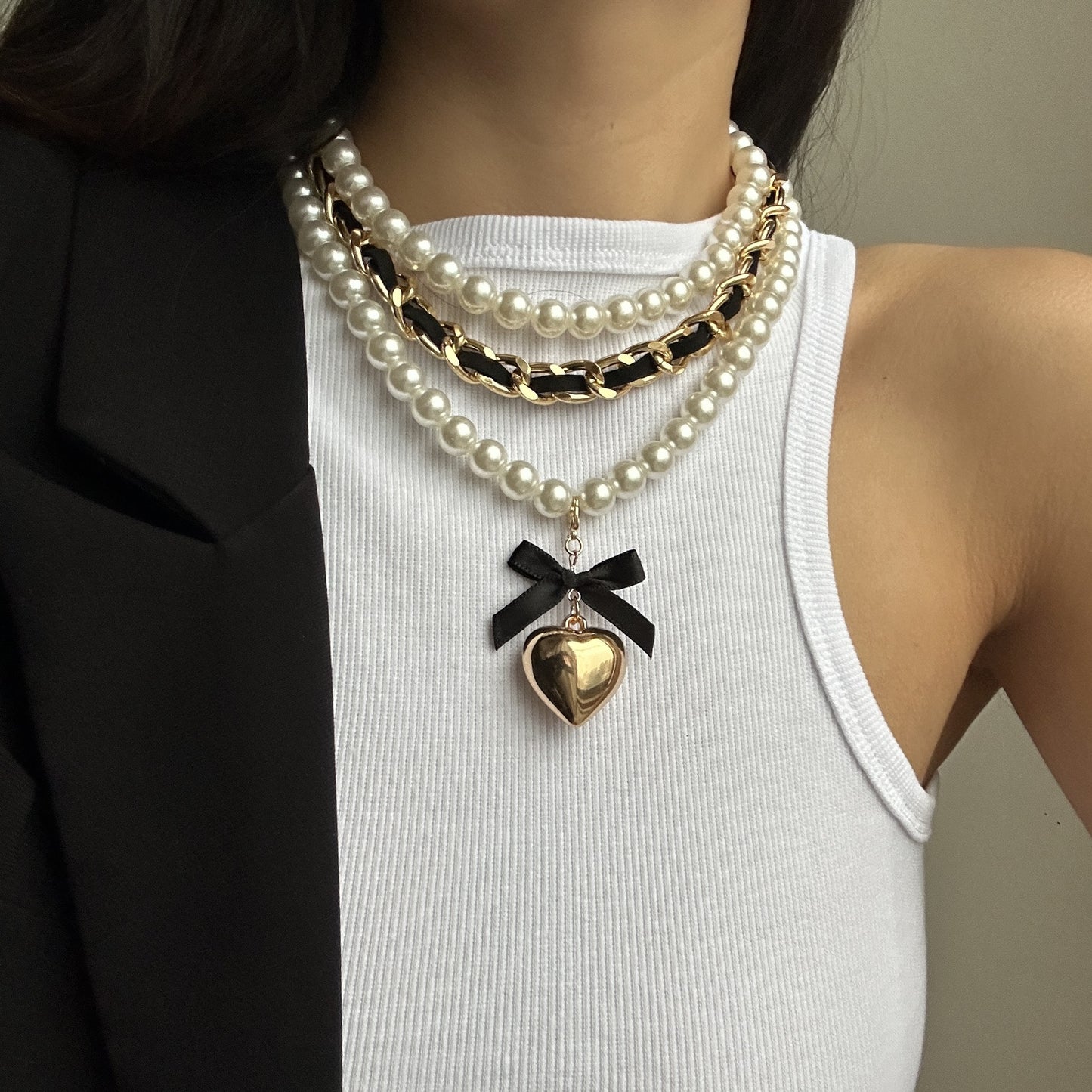 Fashion Heart Alloy Pendant Pearl Fabric Beaded Necklace Set for Women