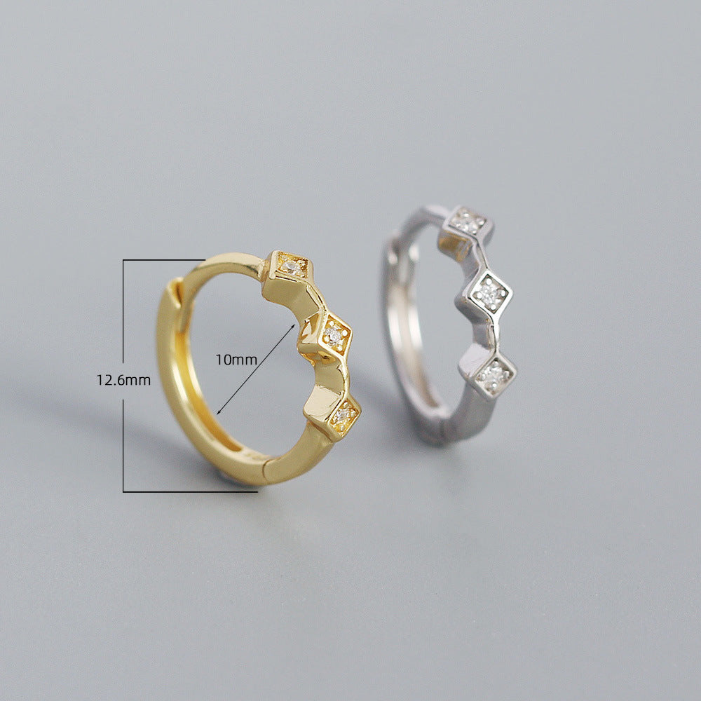 Minimalist Geometric Rhombus-Shaped S925 Sterling Silver Stud Earrings with Rhinestone Inlay