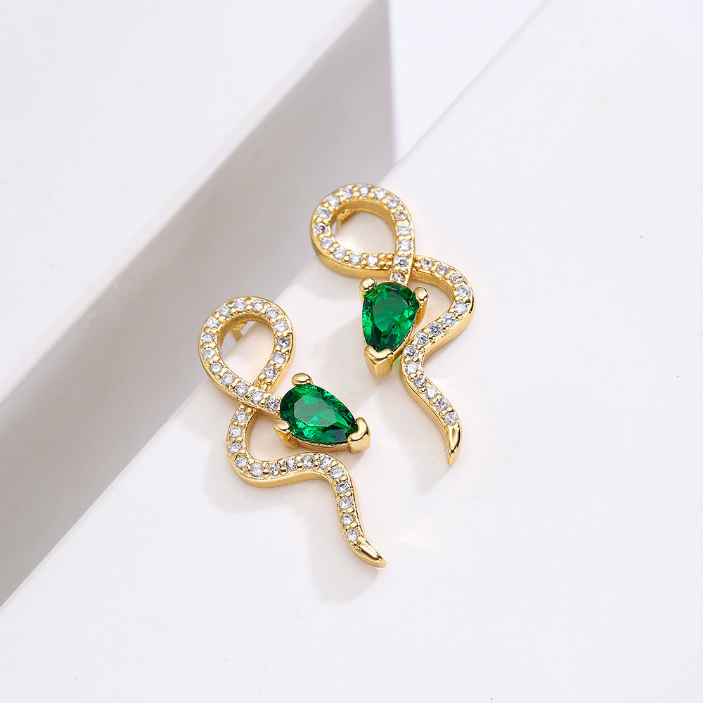 Ins Trendy Geometric Snake Shaped Copper Stud Earrings with 18K Gold Plating and Green Zircon
