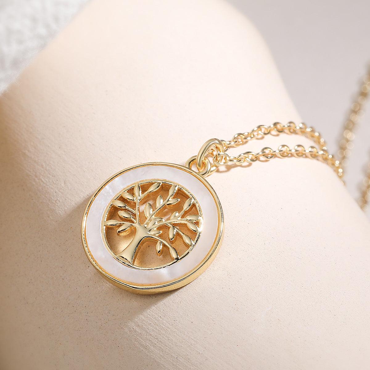 Minimalist Gold Plated Brass Geometric Tree of Life Pendant Necklace with Cubic Zirconia for Women