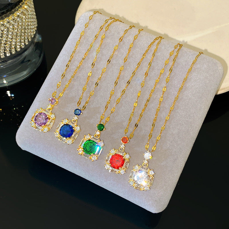 Luxury Minimalist Geometric Round Gemstone Inlay Titanium Steel Necklace with Brass Pendant