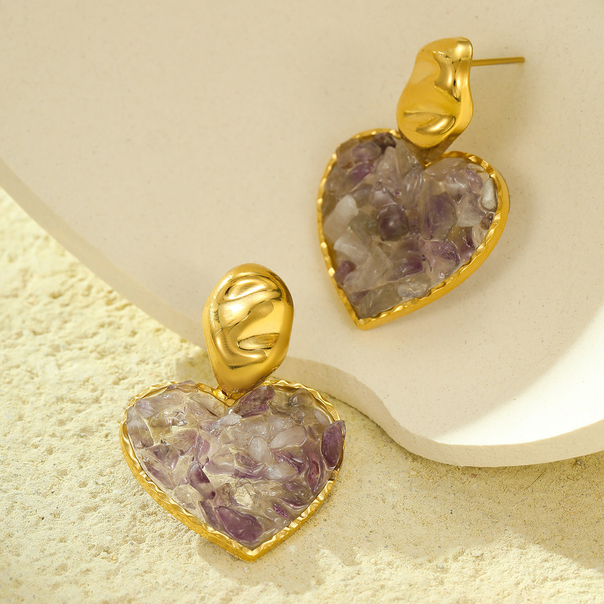Fashionable Minimalist Heart-Shaped Natural Stone Inlaid Stainless Steel Earrings with 18K Gold Plating