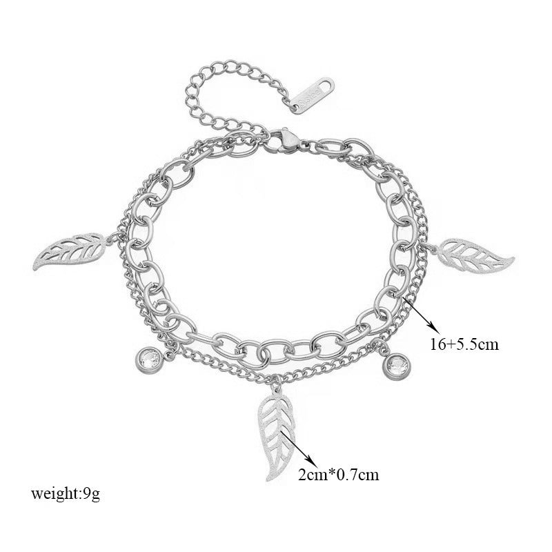 Minimalist Fashion Titanium Steel Double-Layer Leaf Pendant Necklace with Rhinestone Inlay for Women and Men
