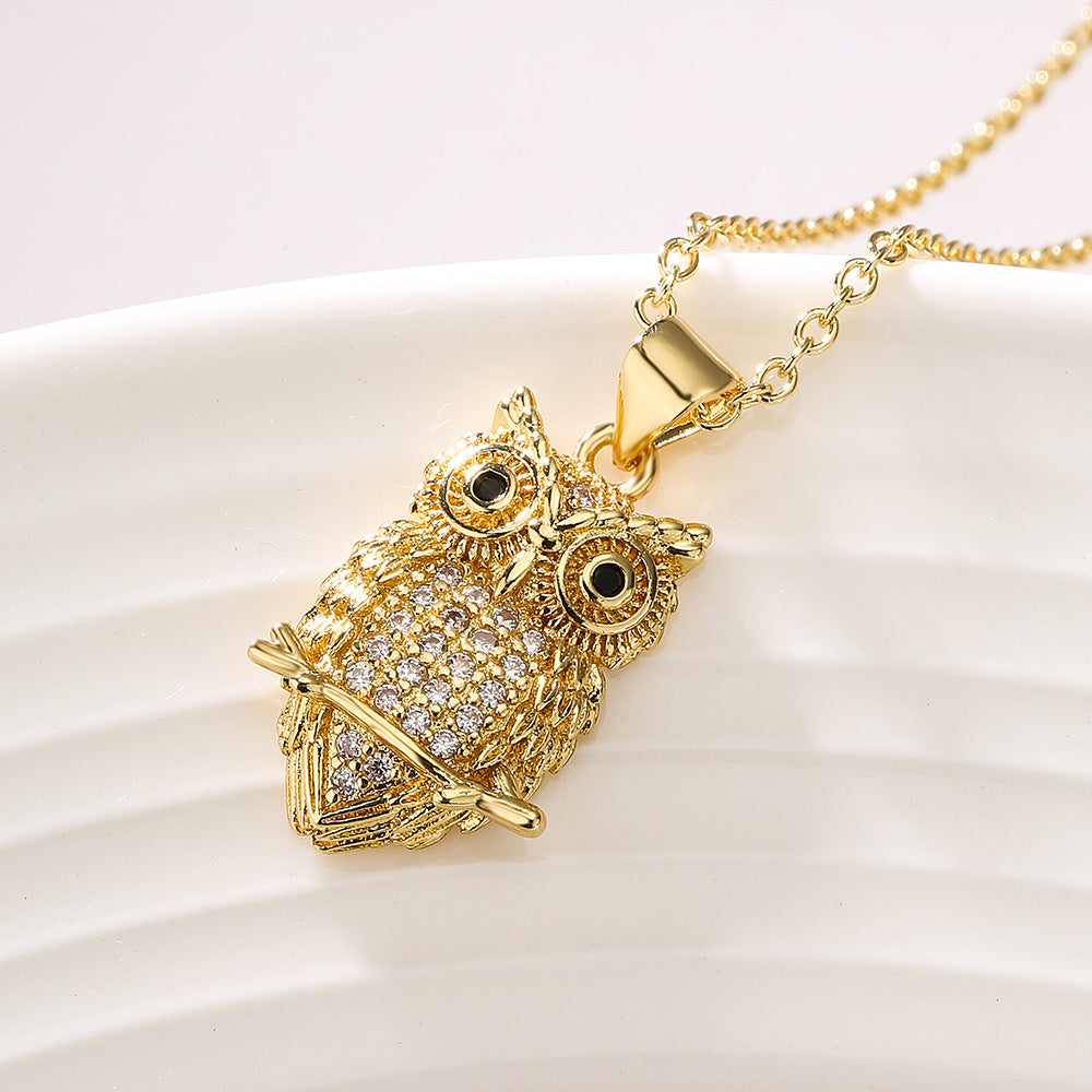 Owl and Bear Pendant Necklace for Women in Copper with 18K Gold Plating and Zircon Inlay, Geometric Shape, Minimalist Luxury Locket Chain