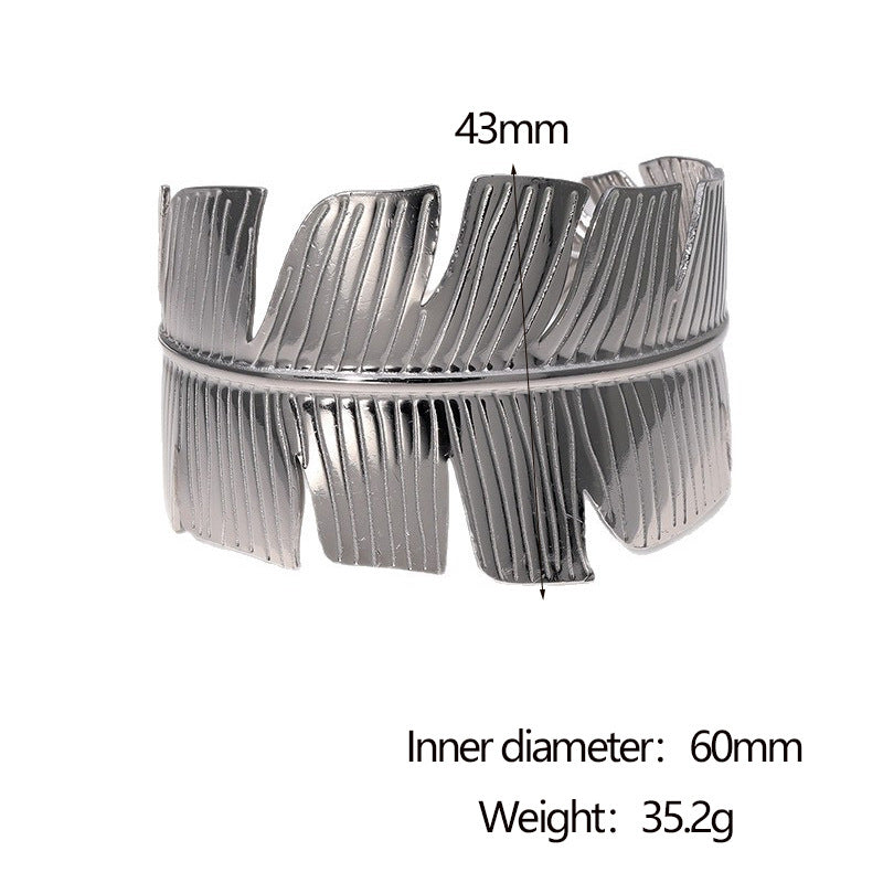 Bracciale rigido a fascia larga a forma di foglia in acciaio inossidabile placcato oro 18 carati, stile minimalista