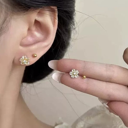 Minimalist Floral Zirconia Stud Earrings for Women with Stainless Steel Posts and Copper Base