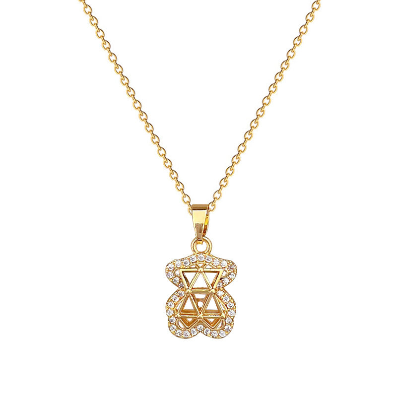 Collar con colgante de oso de lujo con diseño hueco de diamantes de imitación para mujer, cadena delicada de acero de titanio con diseño geométrico