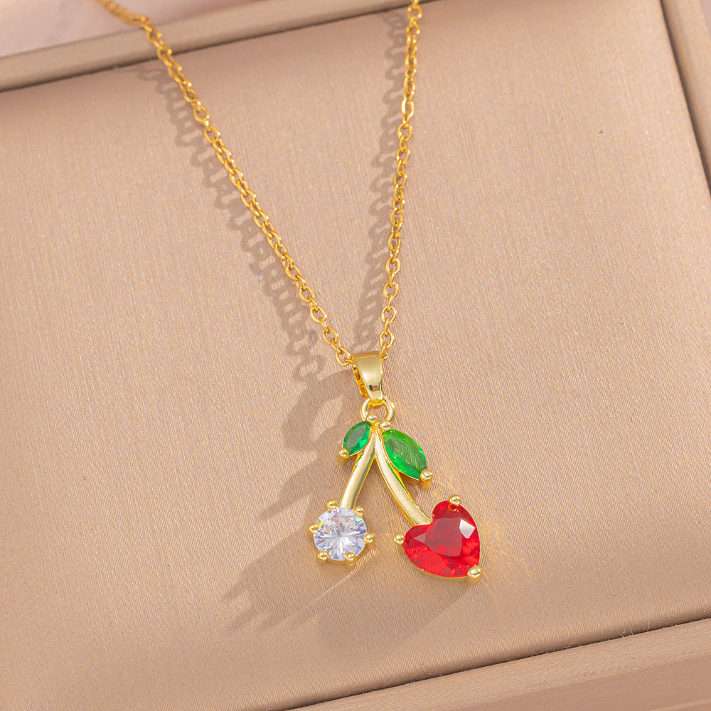 Set Collana con Ciondolo a Ciliegia di Lusso da Donna in Acciaio al Titanio con Intarsio di Strass e Catena a O