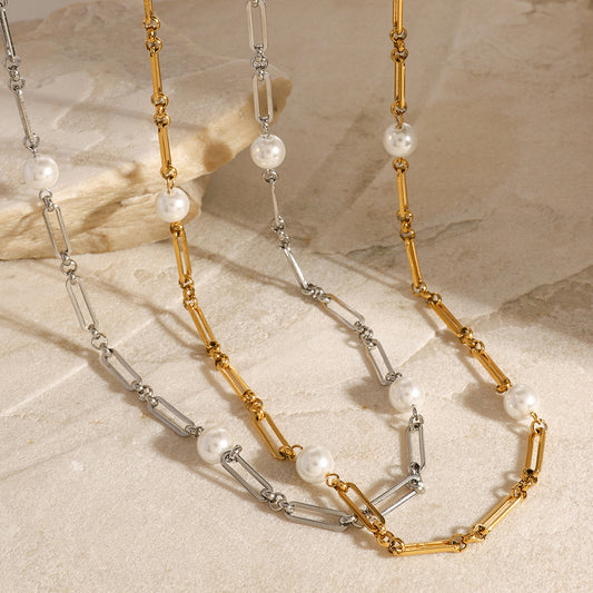 Collar de cadena cubana de acero inoxidable con perlas barrocas vintage incrustadas para mujer