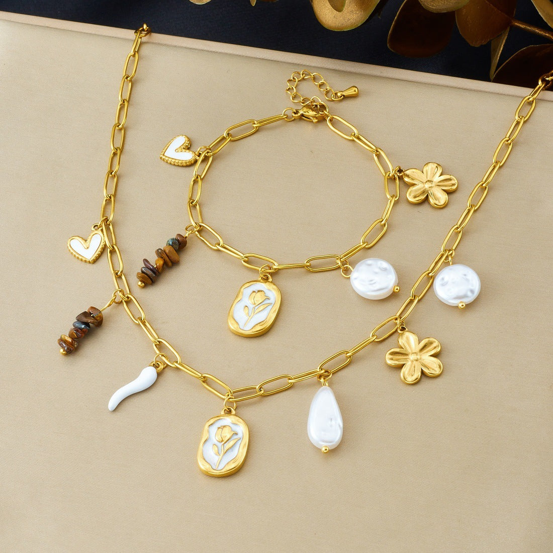 Elegant Geometric Heart Flower Stainless Steel Plated Necklace and Bracelet Set with Pearl and Tiger's Eye for Women