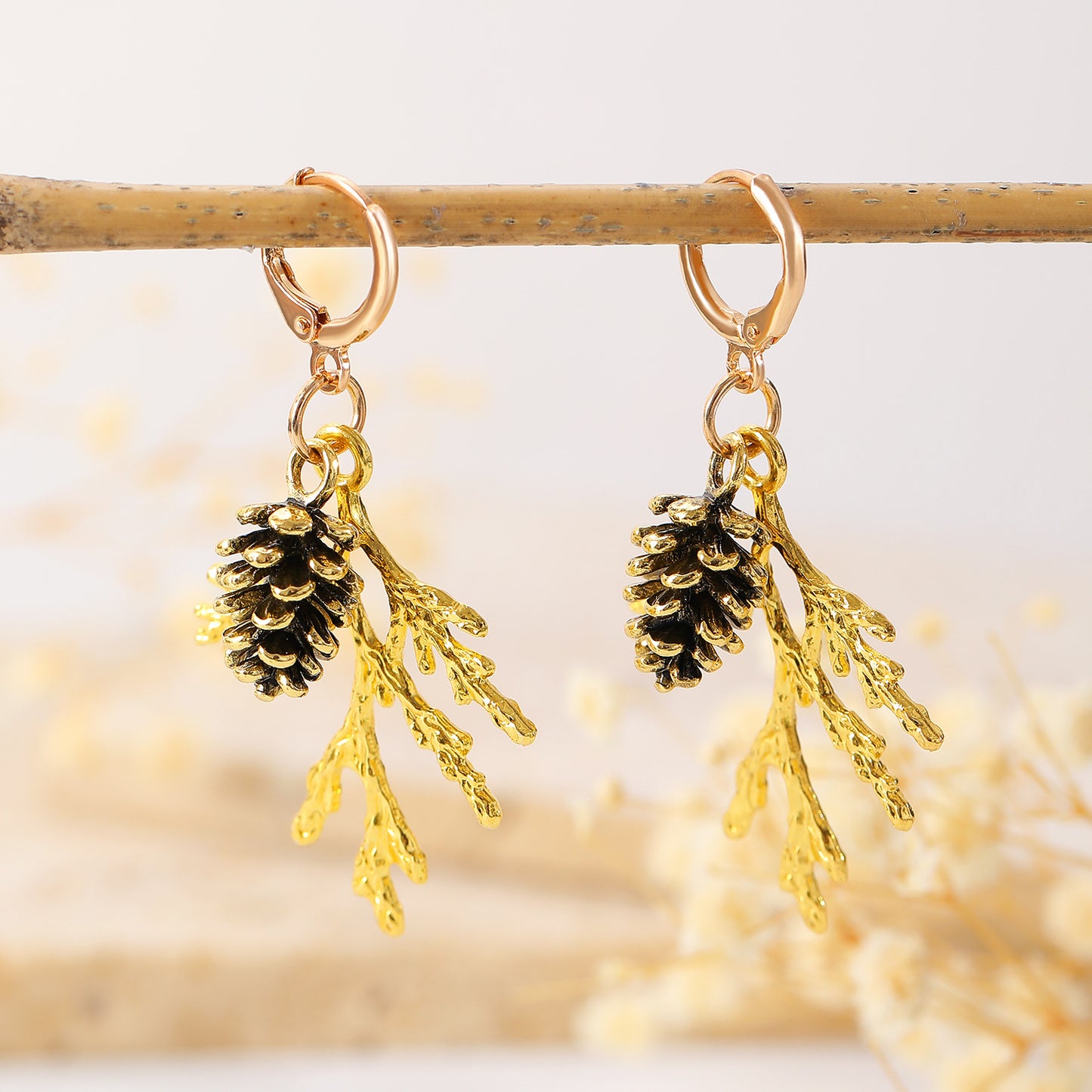 Vintage-Inspired Pine Branch and Pinecone Earrings in Alloy with Gold Plating for Women