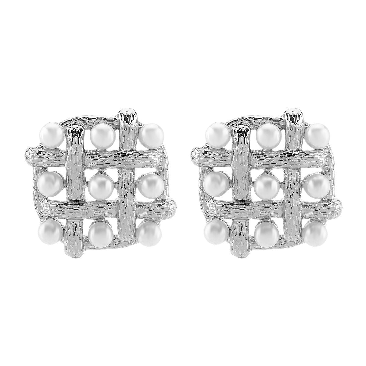 Elegantes Pendientes de Aro Geométricos Estilo Hepburn de Aleación con Incrustaciones de Perlas y Diseño Calado Tejido