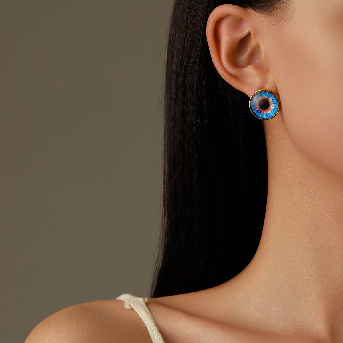 Pendientes de tuerca de acero de titanio con forma de ojo estilo Ins para mujer con incrustaciones de piedra natural y acabado chapado