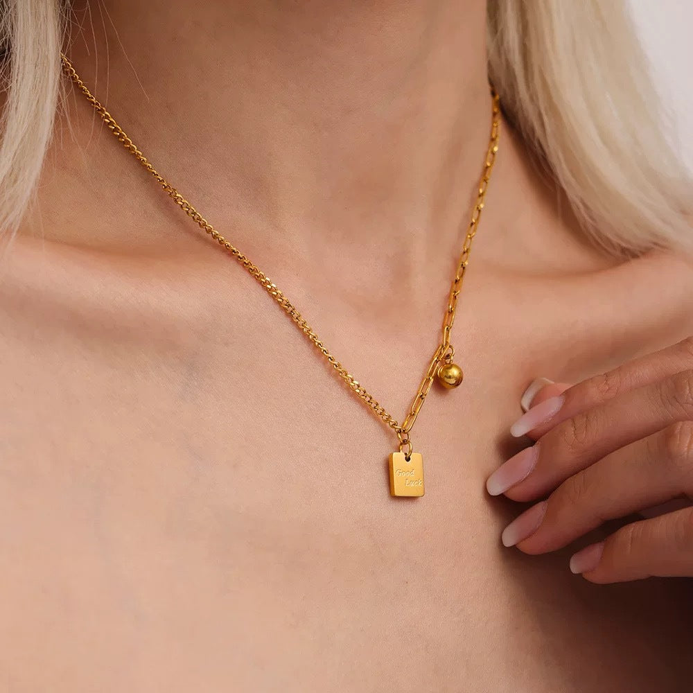 Minimalist Elegant Gold Plated Titanium Steel Square Letter Round Ball Chain Necklace for Women