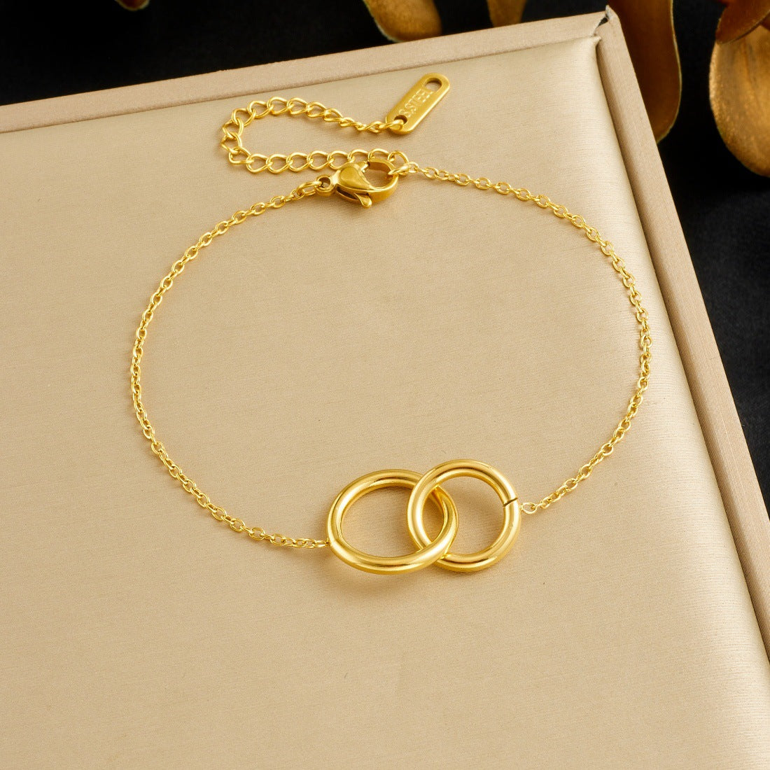Minimalist Gold Plated Geometric Round Double Ring Pendant Stainless Steel Bracelet for Women