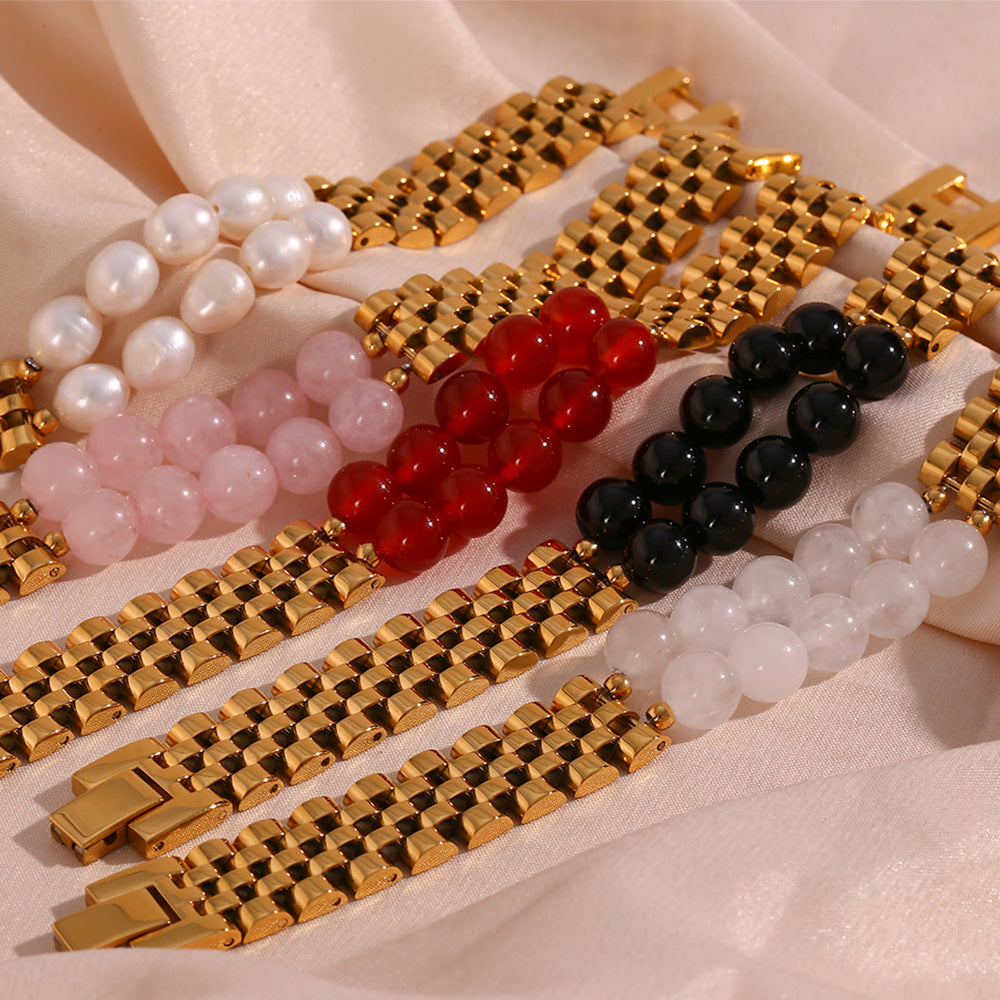 Minimalist Geometric Stainless Steel Plated Bracelet with Natural Stone Inlay for Women