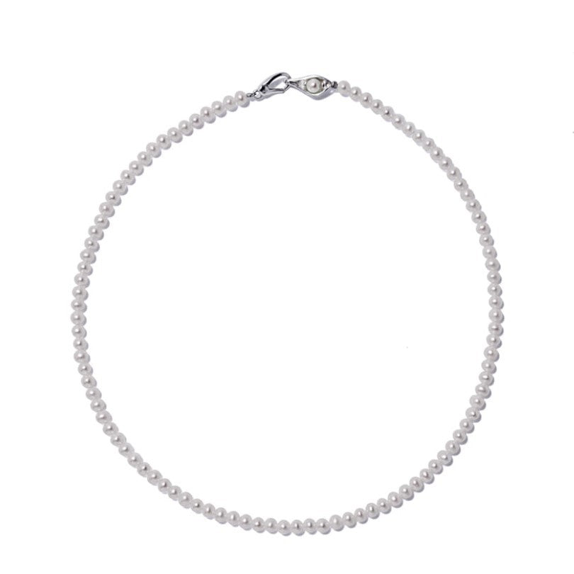 Minimalist French Style Round Pearl Pendant Necklace in 925 Sterling Silver with Rhinestone Accents