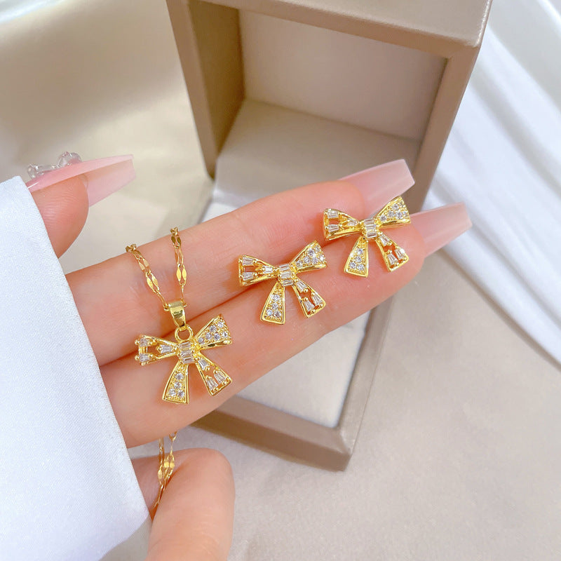 Luxury Titanium Steel Butterfly Pendant Necklace and Earrings Set with Rhinestone Inlay for Women Elegant Hollow Design for Formal Events
