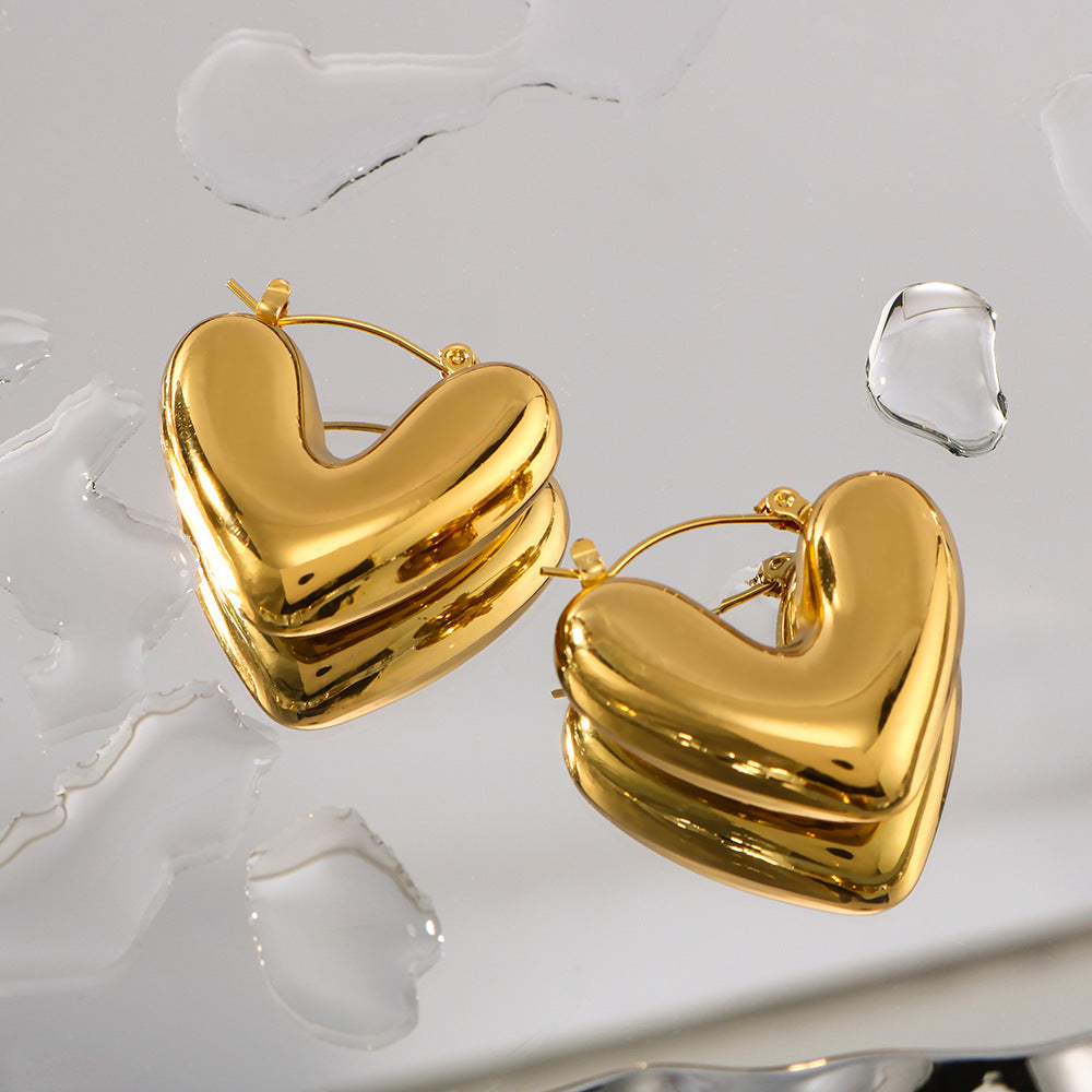 Minimalist Hollow Heart-Shaped Stainless Steel Earrings with 18K Gold Plating for Women