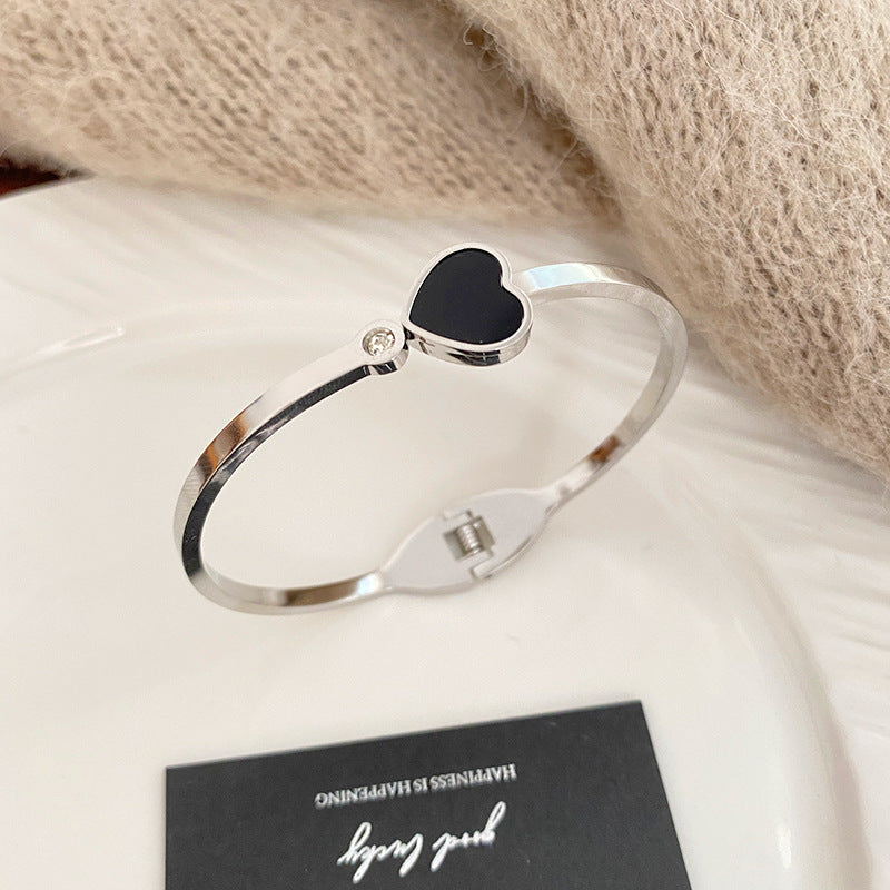 Fan Shaped Heart Rhinestone Inlaid Titanium Steel Plated Open Cuff Bracelet