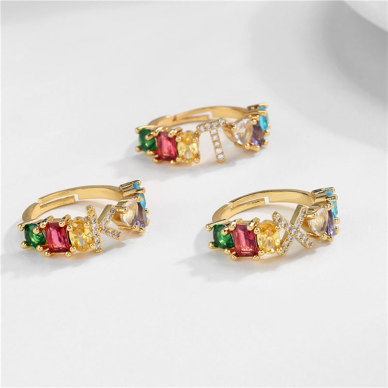 Hand-Set Cubic Zirconia Letter Open Ring Gold Plated Brass Adjustable Women