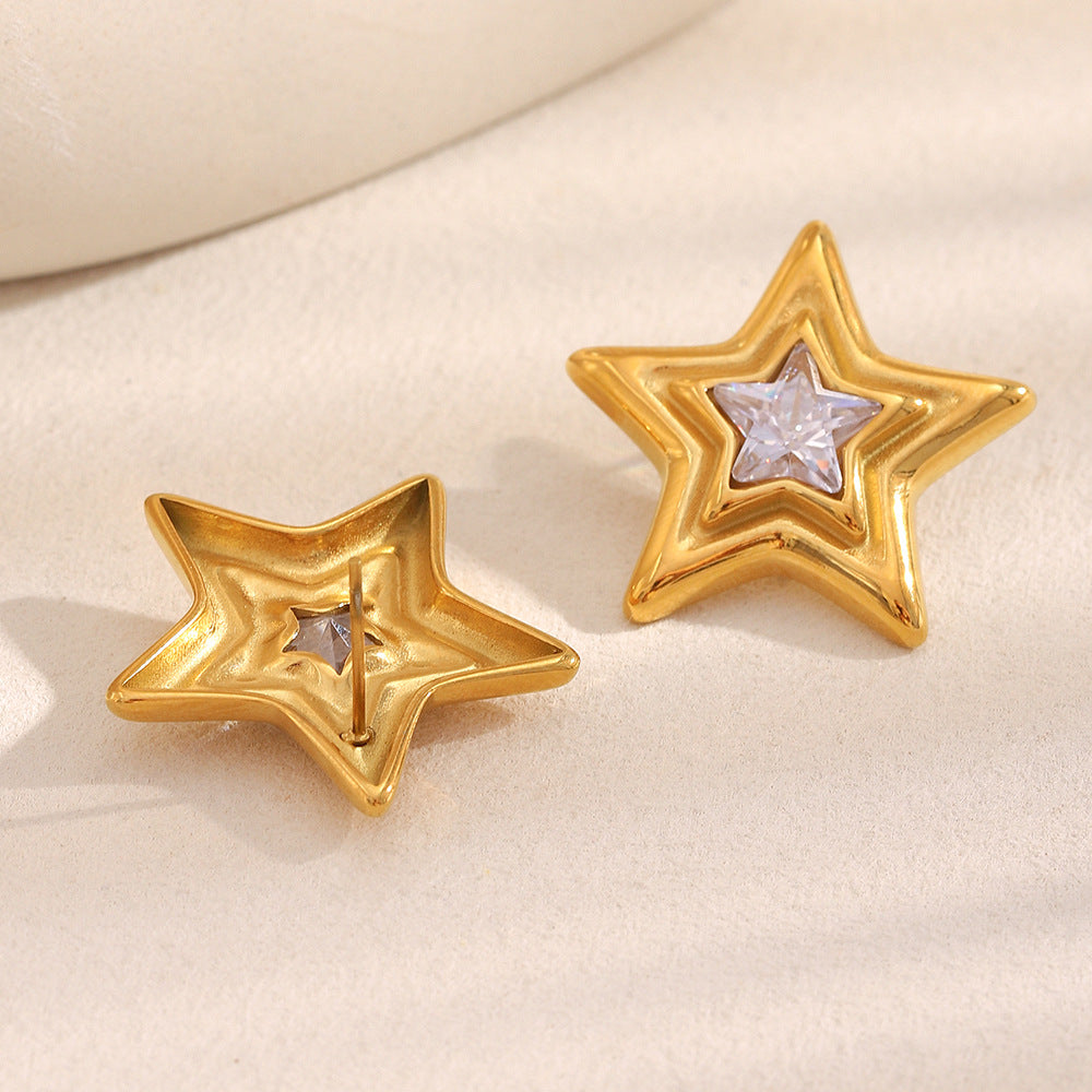 Minimalist Star-Shaped Stainless Steel Earrings with 18K Gold Plating and Cubic Zirconia Accents for Women