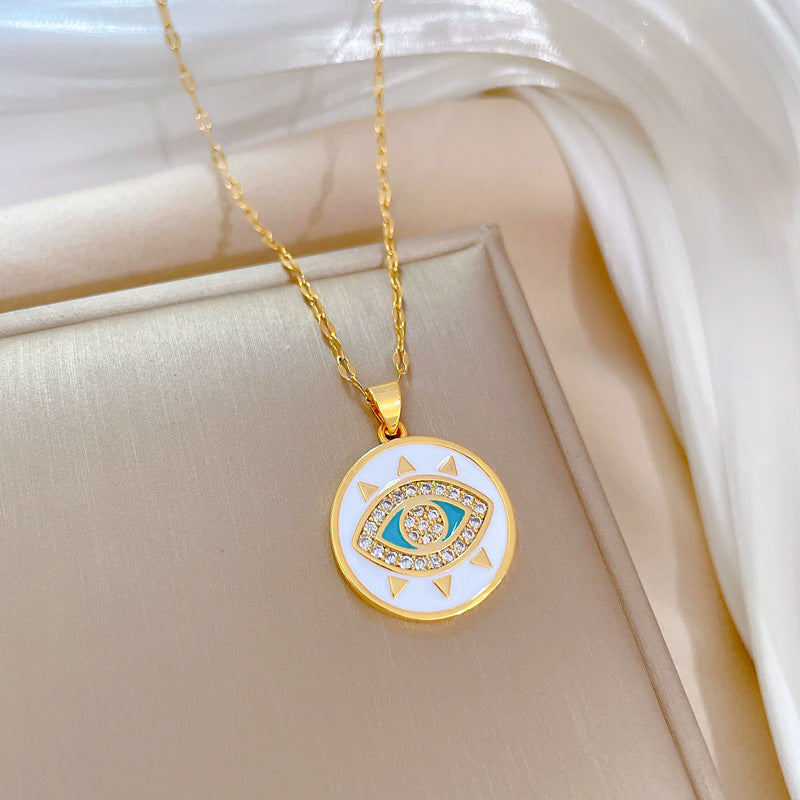 Collana pendente a occhio geometrico in acciaio al titanio di lusso da donna con finitura placcata, catena delicata per la clavicola per banchetti nuziali ed eventi formali