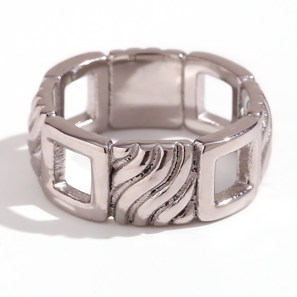 Vintage Geometric Stainless Steel Plated 18K Gold Square Ring for Women