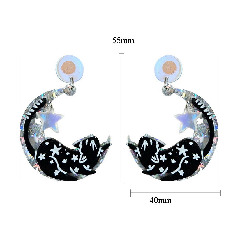 Vintage Halloween Acrylic Earrings with Zodiac Moon and Black Cat Design for Women