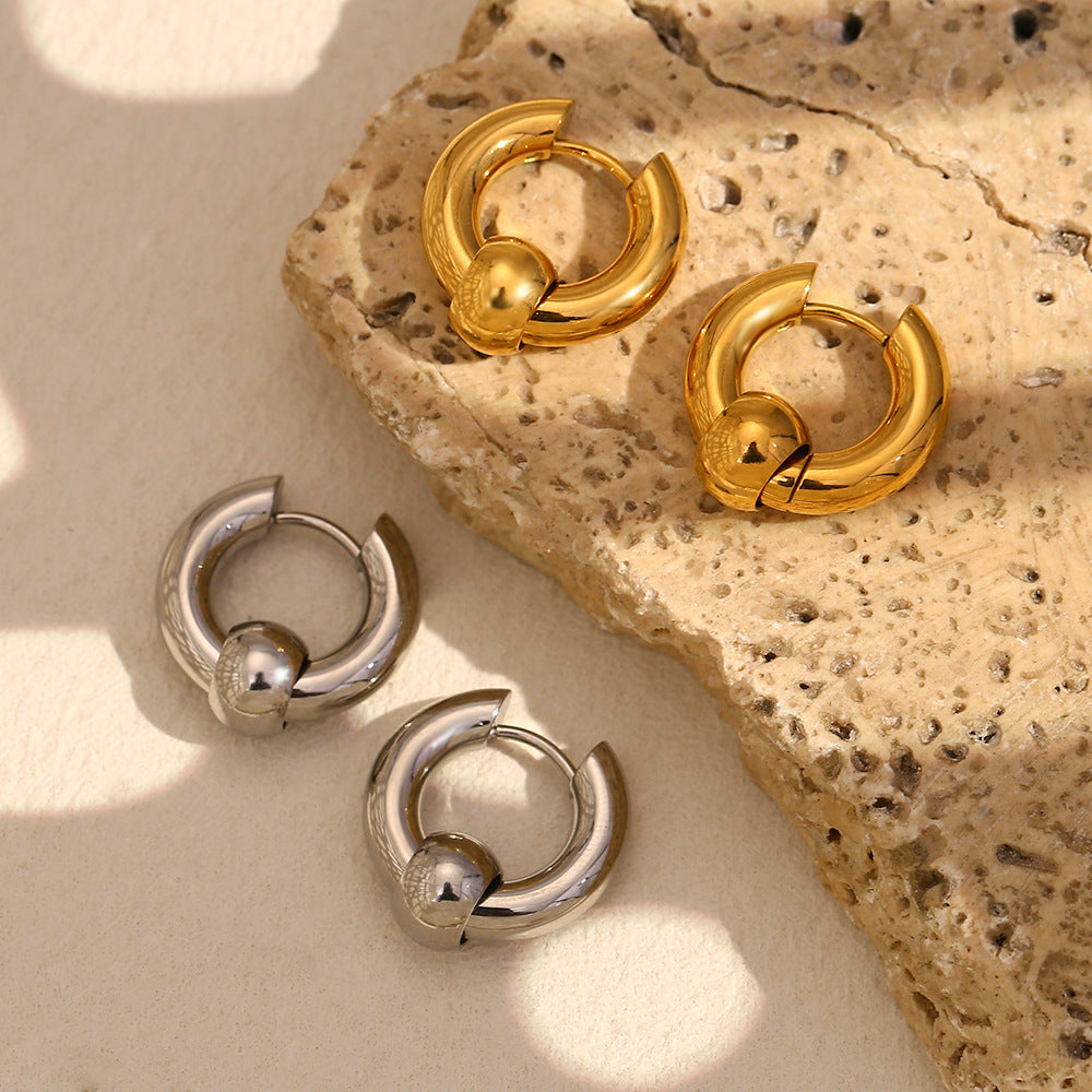 Elegant Business Geometric 18K Gold Plated Stainless Steel Beaded Hoop Earrings for Women